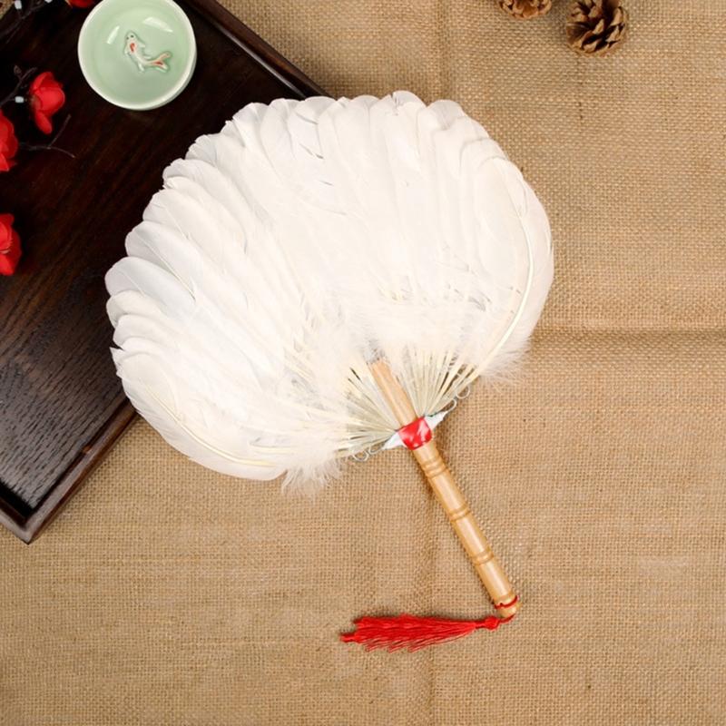 Vintage Chinese Fan Gooses Feather Wedding Party Fan Dance Feather Hand Fan Photograph Props Wood Craft Decorations Fan