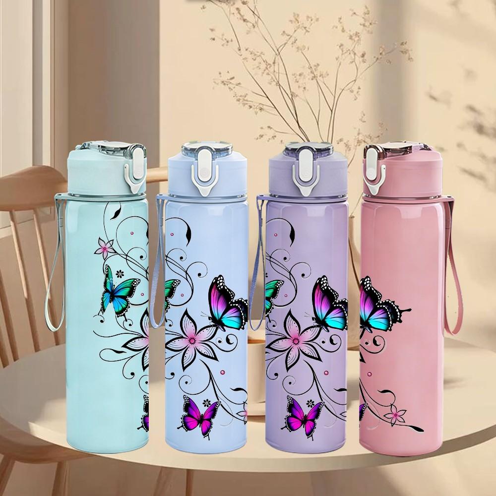 1PC Colorful Butterfly Floral Pattern 750ml Color Plastic Sports Water Bottle Leakproof Flip Straw Lid Suitable for Sports Office Home Use