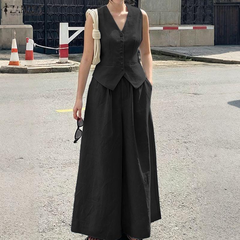 ZANZEA Lässiger Zweiteiler für Damen, ärmelloses Westentop und Hose mit weitem Bein