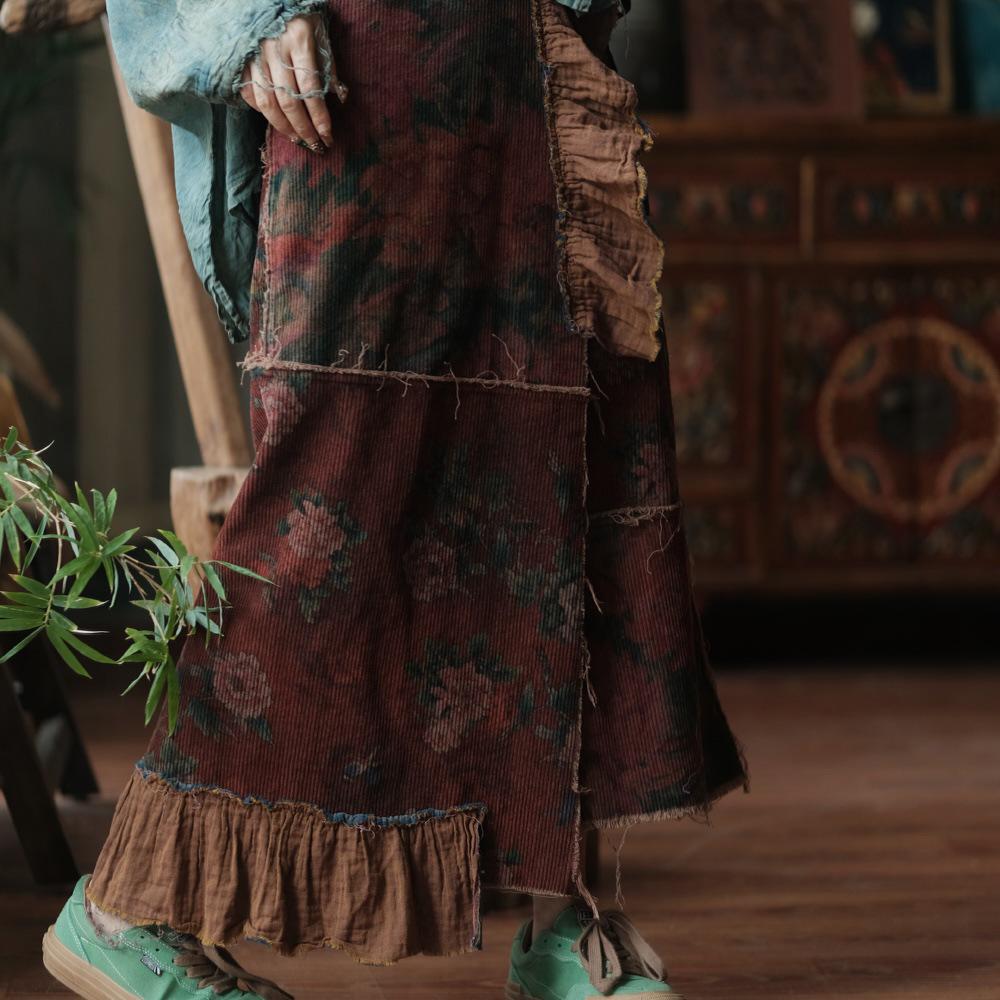 Fallen Ancient Mud Retro Lace-up Patchwork Corduroy Wrap Skirt