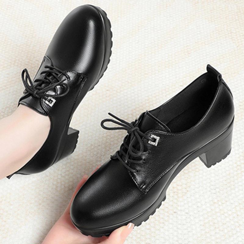 fashion Spring Autumn Lace-up Thick Sole Women Pumps Shoes High Heels Comfortable Breathable Square Heel Solid Soft Leather Shoes