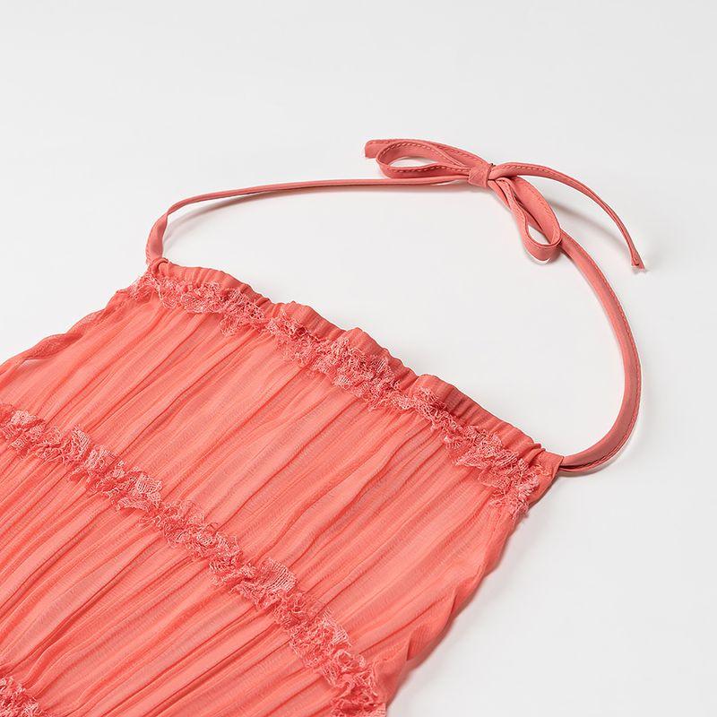 Kaslead New Women Clothes Western Style Pleat Top Backless Hanging Neck Sling Pleating Long Dress Two-piece Set