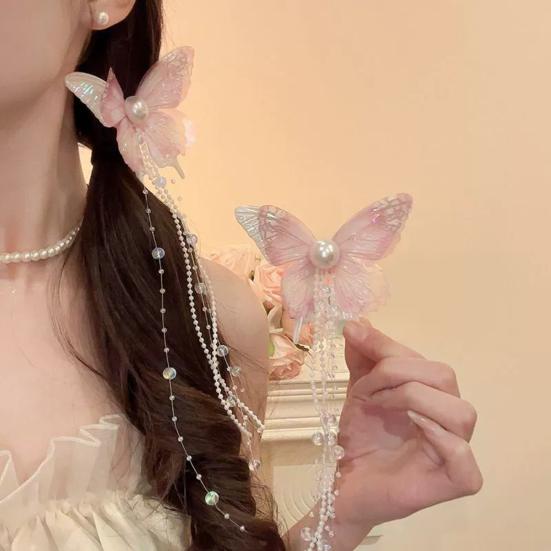 Girls Hair Pin Butterflies Decor Faux Pearls Beaded Long Tassel Hair Clip Wedding Prom Birthday Hair Barrette