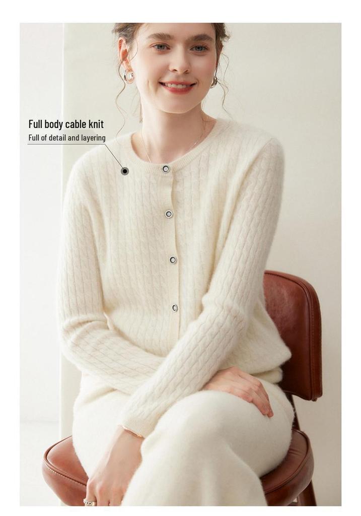 Women's 100% Pure Cashmere Cable Knit Round Neck Cardigan Sweater for Autumn and Winter