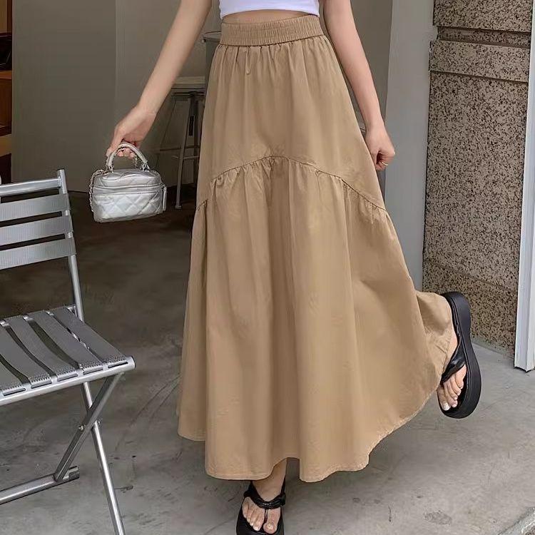 

Женская юбка миди, летняя новая корейская версия, модный дизайн, плиссированная юбка с эластичной талией, длинная юбка XL хаки