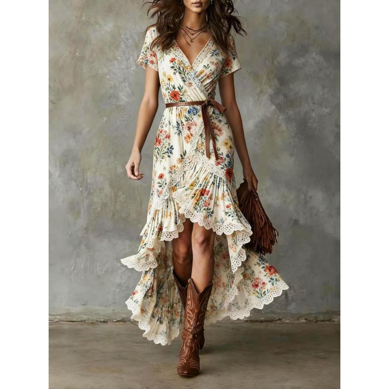 

Europe beautiful women s dress, summer new, bohemian print seaside vacation V-neck length XXL абрикосовий
