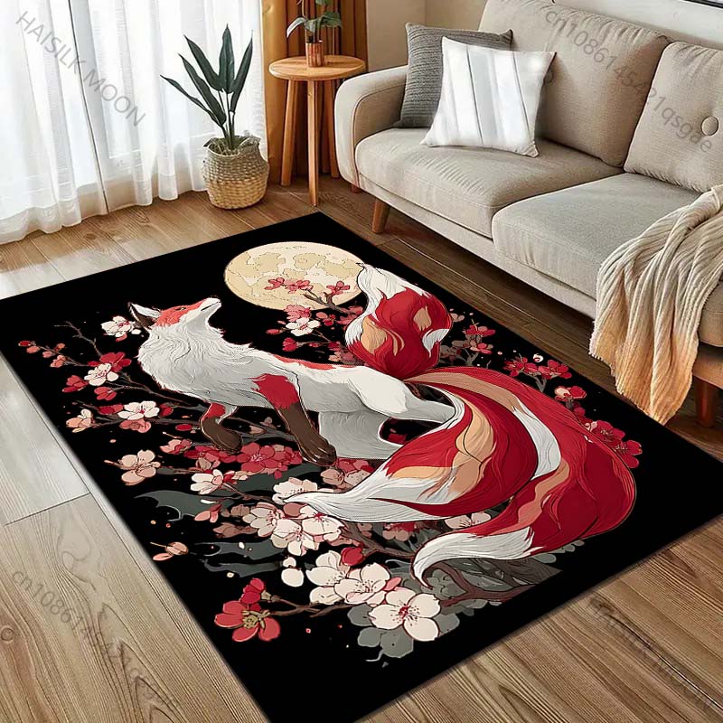 1PC Fox with Cherry Blossoms Moon Pattern Rug Carpets for Bedroom Living Room Sofa Mat Creative Door Mat Cloakroom Home Decor