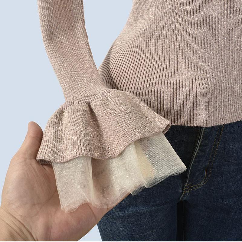 Horn Ruffle Sleeve Chiffon Patchwork Cann Flash Silk Women's Half Turtleneck Base Knitting Women's Fall and Winter Slim Fit Slimming Top