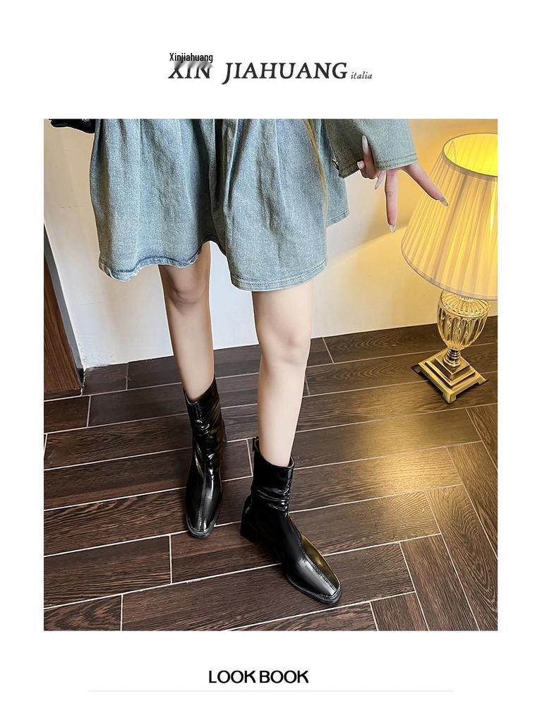 Women's Vintage Pleated Leather Square Toe High Heel Ankle Boots - Autumn/Winter Chunky Heel Knight Martin Boots, British Style