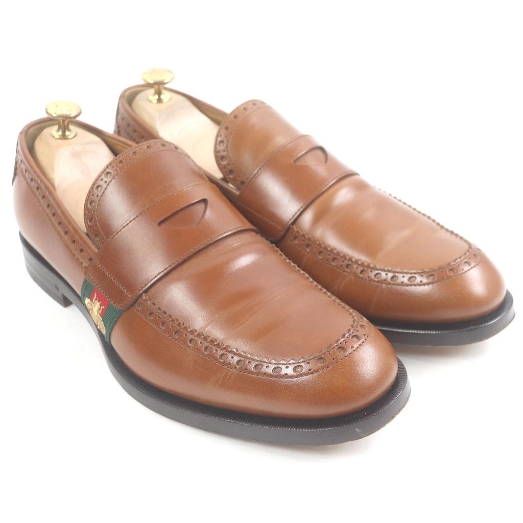 Gucci Loafers Bee Embroidered Web Line Penny Loafers Brown Leather Mens 9 450990 Used