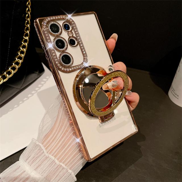 For Samsung Galaxy S24 Ultra Luxury Plating Diamond Frame Flash Mirror Stand Holder Phone Case For Samsung S22 S23 S25Plus Cover