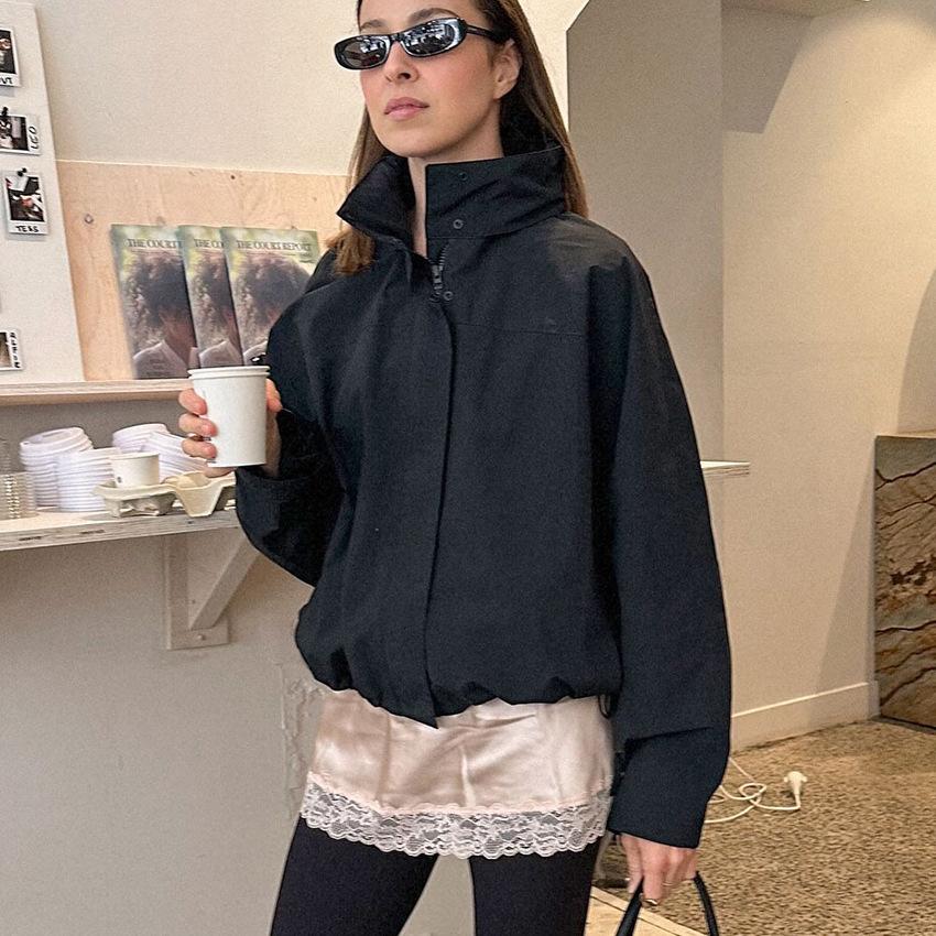 Autumn and Winter New Loose Drawstring Outdoor Jacket Design Sense White Black Stand-up Collar Trench Coat