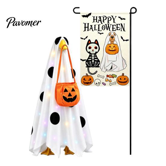 Halloween Ghost Decor Lighted Porch Goose Outfit And Flag Set for 23 Inch Statue, Outdoor Yard Ornament Spooky Clothes with Pumpkin Bucket Patio Lawn