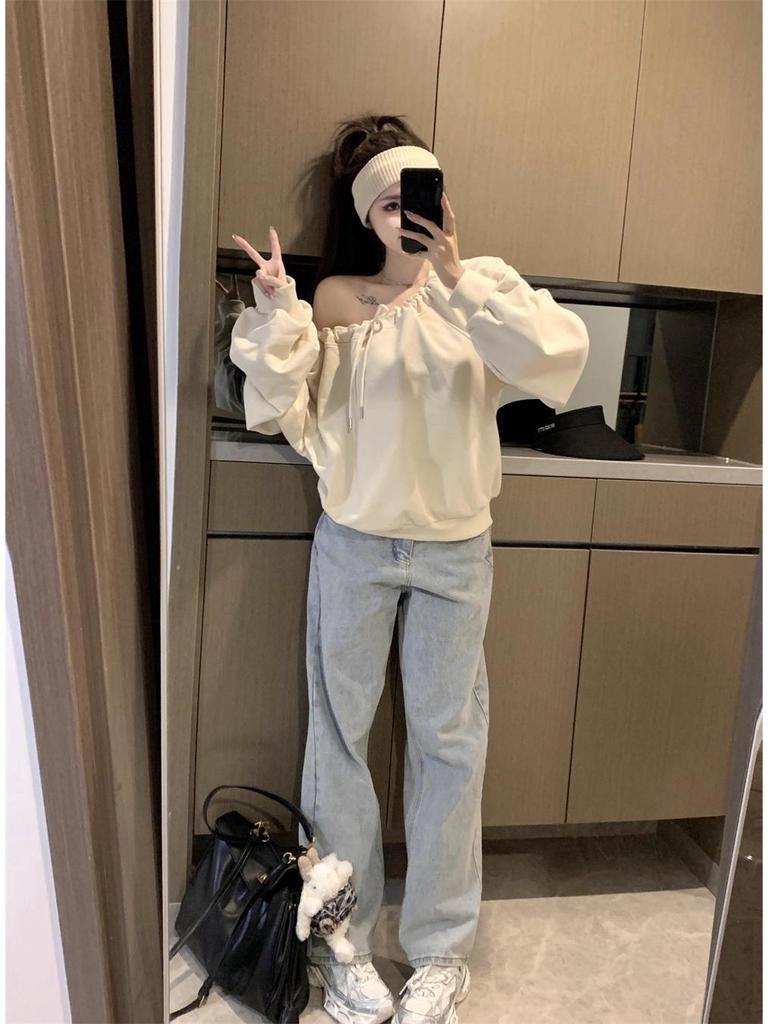 Koreanischer Stil Off-Shoulder Langarm Casual Sweatshirt für Damen - Frühling, Herbst, Winter Trend