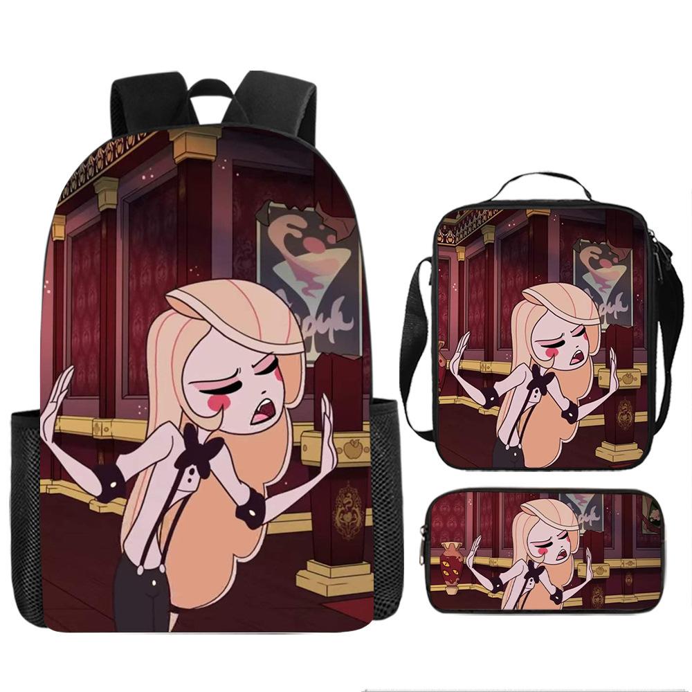 Hell Inn Hazbin Hotel Student Backpack Cartoon School Bag Three-Piece Set Backpack Satchel Pencil Bag Backpack