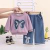 Girls Fall Fashion Denim Set With Applique Bow Long Sleeve Top And Pants 2 Piece Outfit