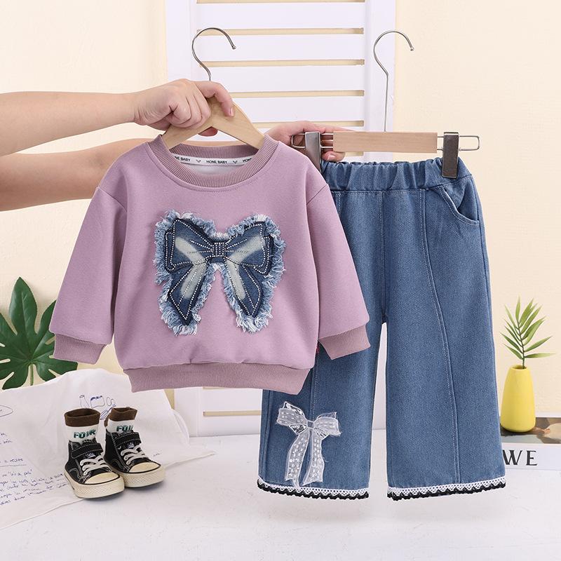 Girls Fall Fashion Denim Set With Applique Bow Long Sleeve Top And Pants 2 Piece Outfit