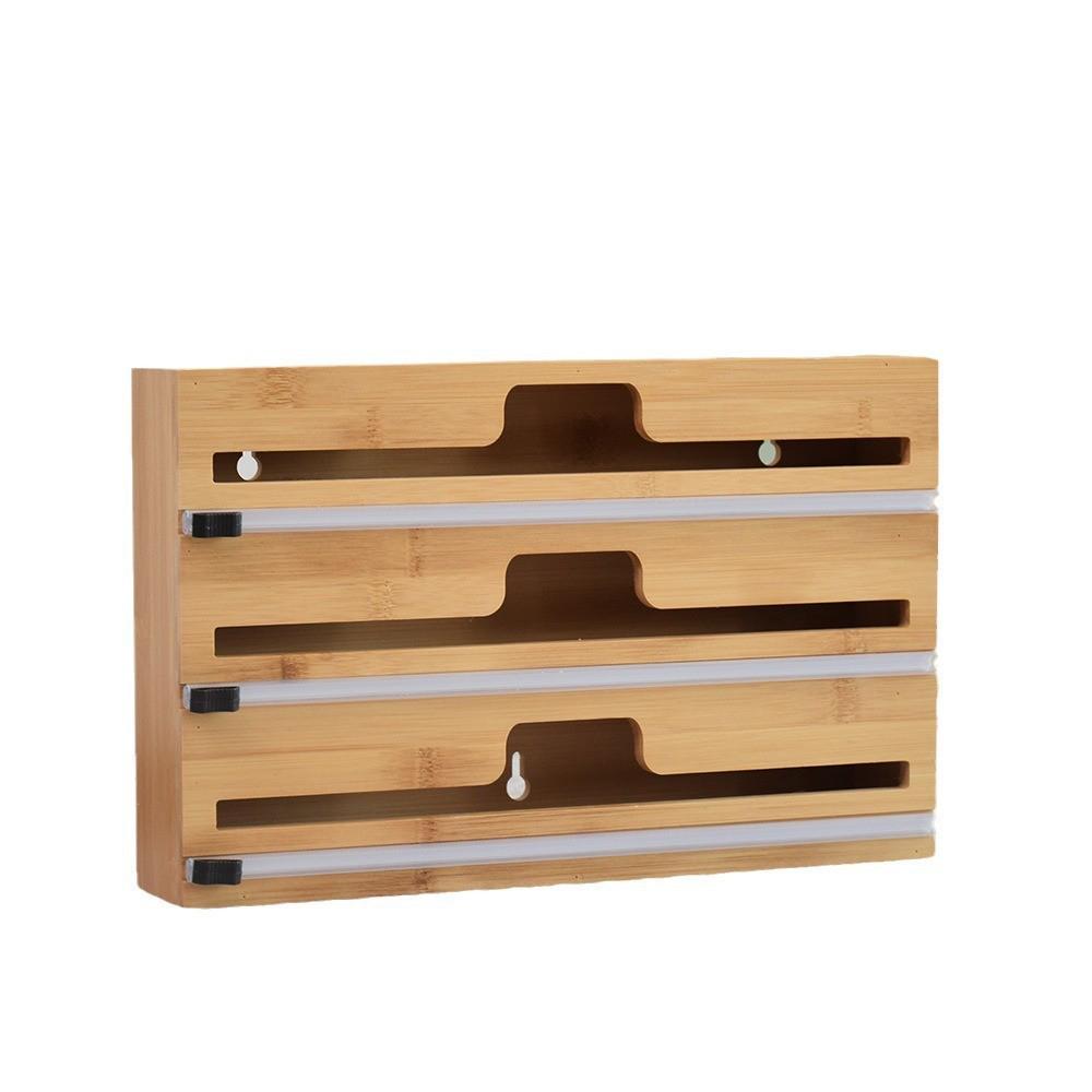 Bamboo Wood Wall-Mounted Kitchen Storage Rack and Foil Cutter