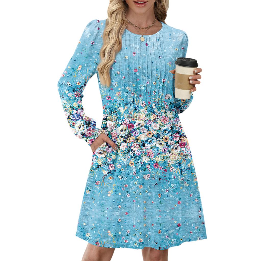 Women's Long Sleeve Pleated Round Neck Floral Print Casual Dress With Pockets