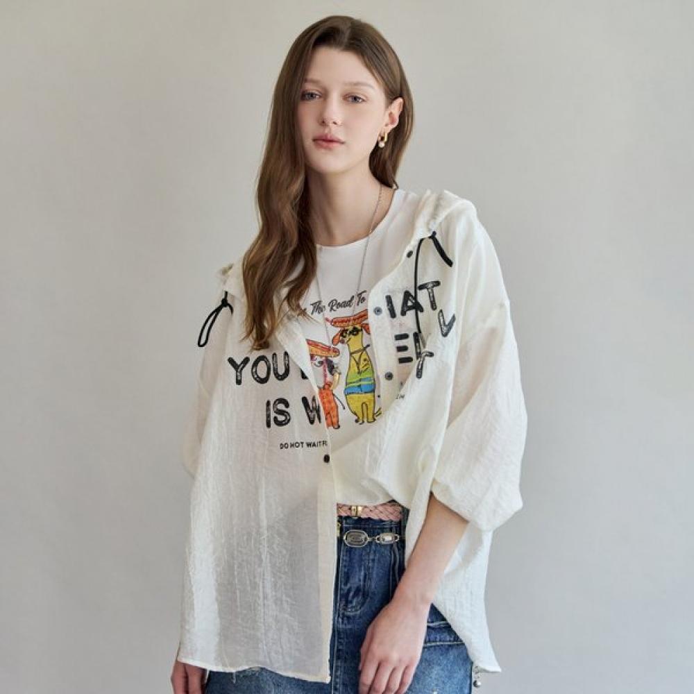 Maxza Lettering Sheer Loose Fit Hoodie Shirt Zf08qb003nh beige/FREE