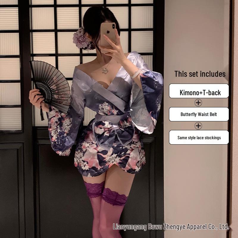 Sexy Deep V Open-Front Japanese Kimono Pajama Set for Women