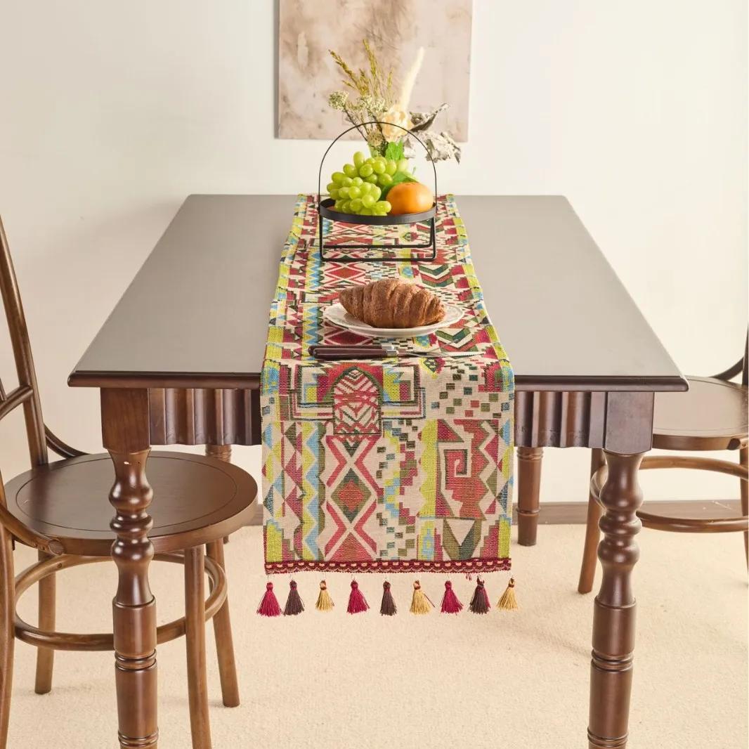 

Vintage Table Runner Chinese Style Jacquard Tassel Living Room Bed Tail Coffee Dining Table Decoration Accessories Rustic Decor 33x120cm