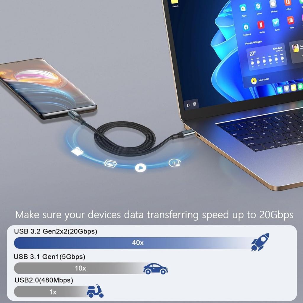 USB-C To USB-C Cable USB 3.2 Gen2 20Gbps High Speed Data Cord100W PD 20V5A Fast Charging Support 8K@60Hz Video Output Type-C SSD External Hard Drive