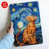 Tin Sign Night Cat Under Starry Sky Metal Wall Art Poster Vintage Retro Painting Style Animal Decor for Living Room Bedroom Caf