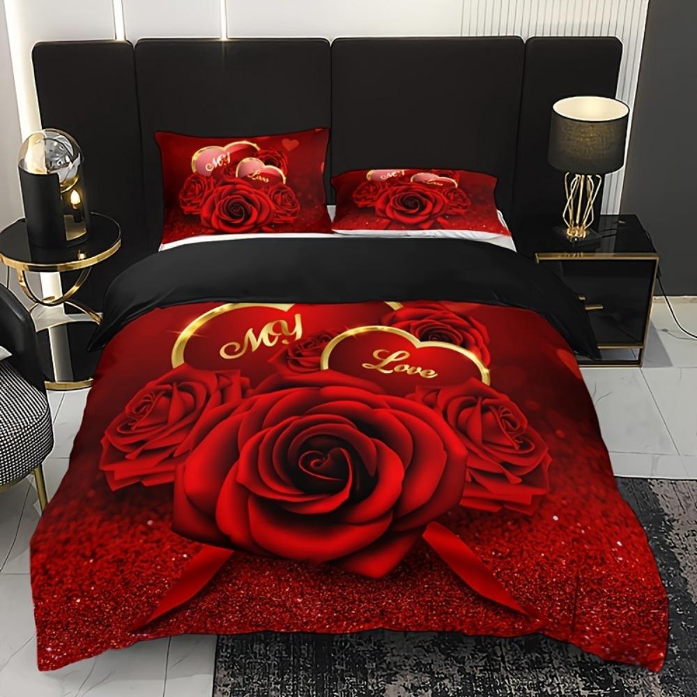 Red Beding Set Romantic Rose Printed Cozy Soft Duvet Cover King Quen Twin Sized Dimensions Birthday Gift Weding Gift for Couple Bedrom Decor
