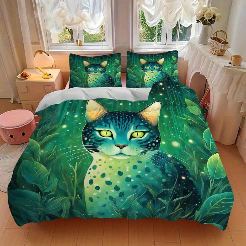 3pcs Forest Cat Bedding Set Down Comforter Cover and Pillowcases, Suitable for Guest Room Home Decoration All Seasons(No Insert) S0819053