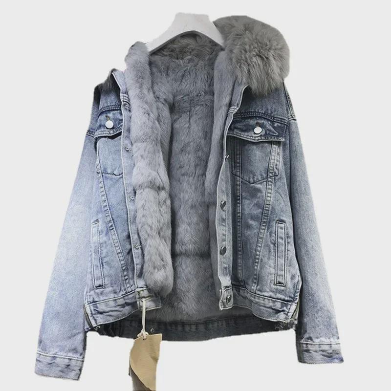 Dámská džínová bunda Trendy Zima 2024 s odnímatelným límcem z králičí kožešiny