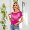 Spring and Summer New Style Off-the-Shoulder Knitted Shirt with Short Sleeves and Button Decorations In Colorful Stripes Knitted Top