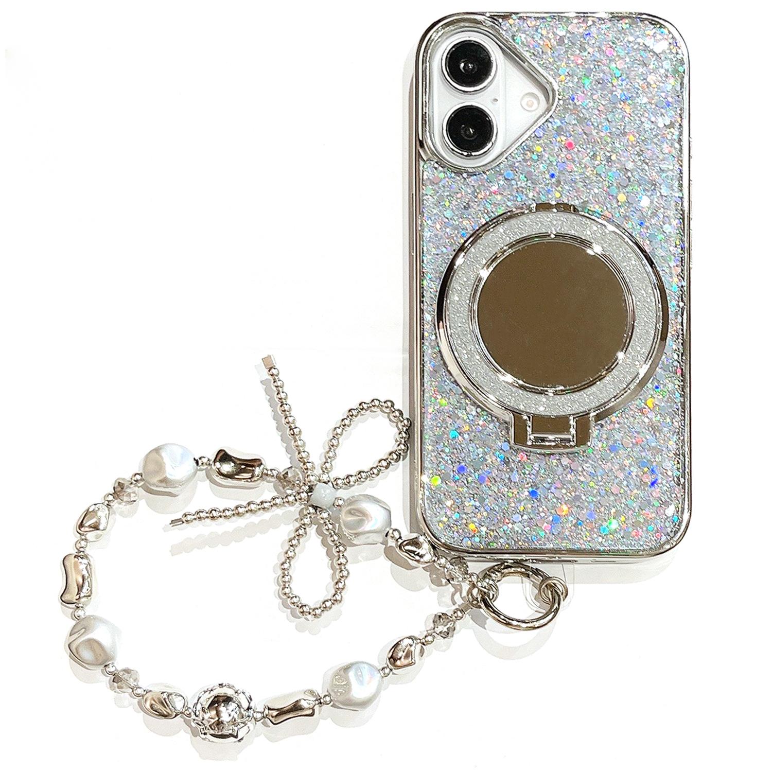 

iPhone 16 Case with Makeup Mirror Kickstand,Strap Glitter Epoxy Electroplated Phone Cover A
