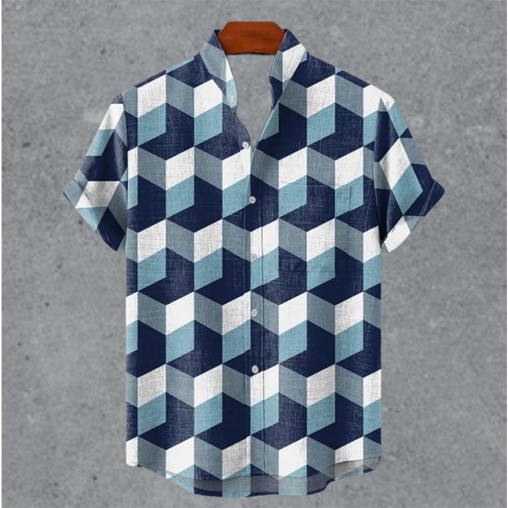 

Art retro vintage men s shirt with mottled marks, standing collar printed short sleeved shirt, casual and comfortable top 5XL