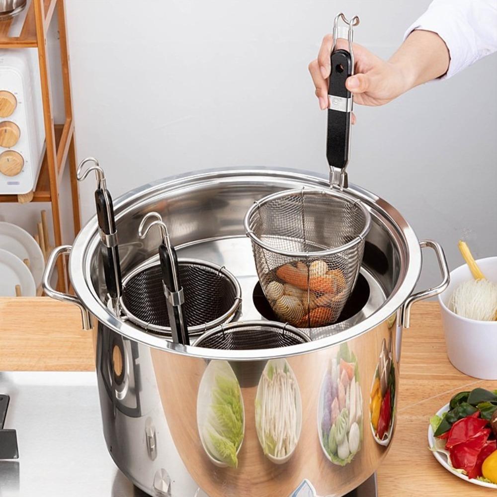 Wooden Handle Pasta Basket Strainer Stainless Steel Noodle Dumplings Mesh Basket  Kitchen Gadgets