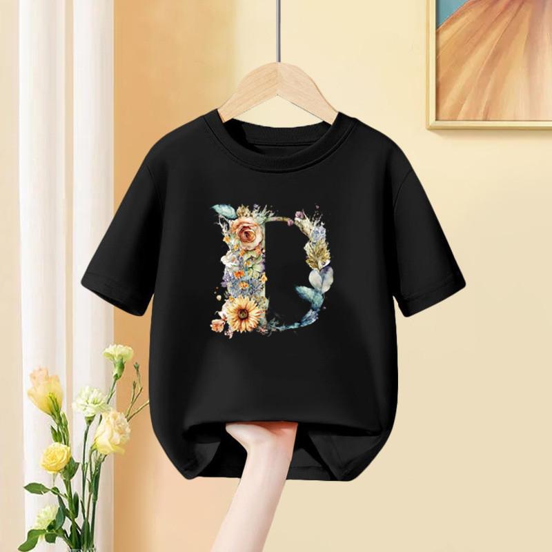 A B C D Kombinationsschrift Mädchen T-Shirt Blumendruck Lässige Oberteile Benutzerdefinierter Name Buchstabe Kinder Schwarzes T-Shirt