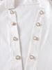 Women's Autumn Fashion Set: White Jacket with Pearl Buttons & Color Block Jumpsuit with Metal Chain Trim.