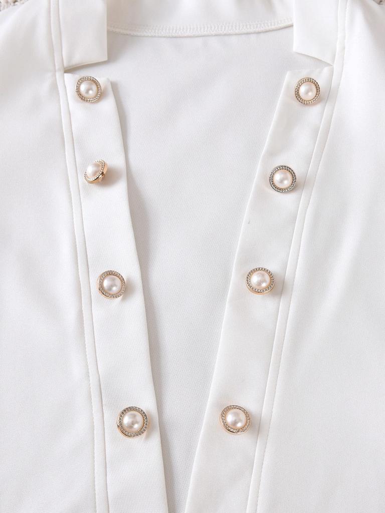Women's Autumn Fashion Set: White Jacket with Pearl Buttons & Color Block Jumpsuit with Metal Chain Trim.