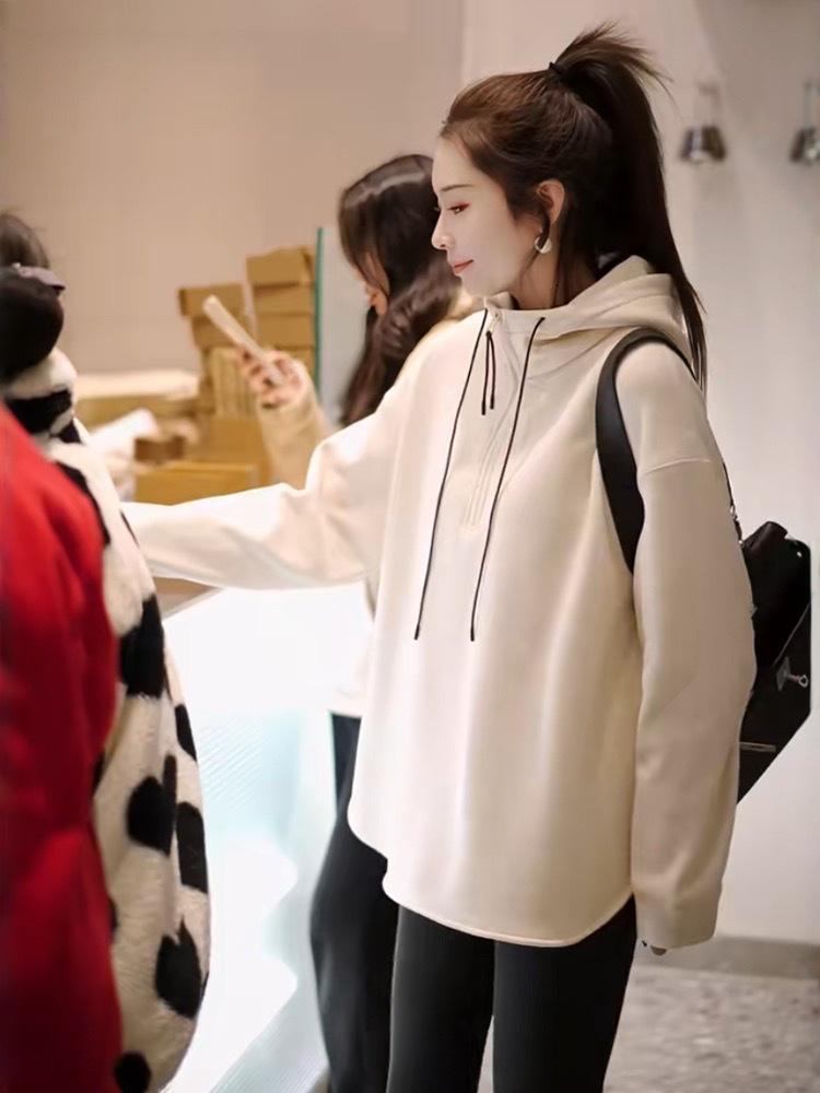 

Женская толстовка с капюшоном в корейском стиле, на флисовой подкладке, для миниатюрных, свободный повседневный пуловер на осень/зиму 2024 L грязно-белый
