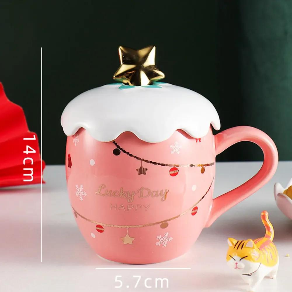 Christmas Mug With Lid And Spoon Ceramic Water Cup Cute Elk Snowflake Coffee Milk Decal Office Creative Gift For Tea Tableware