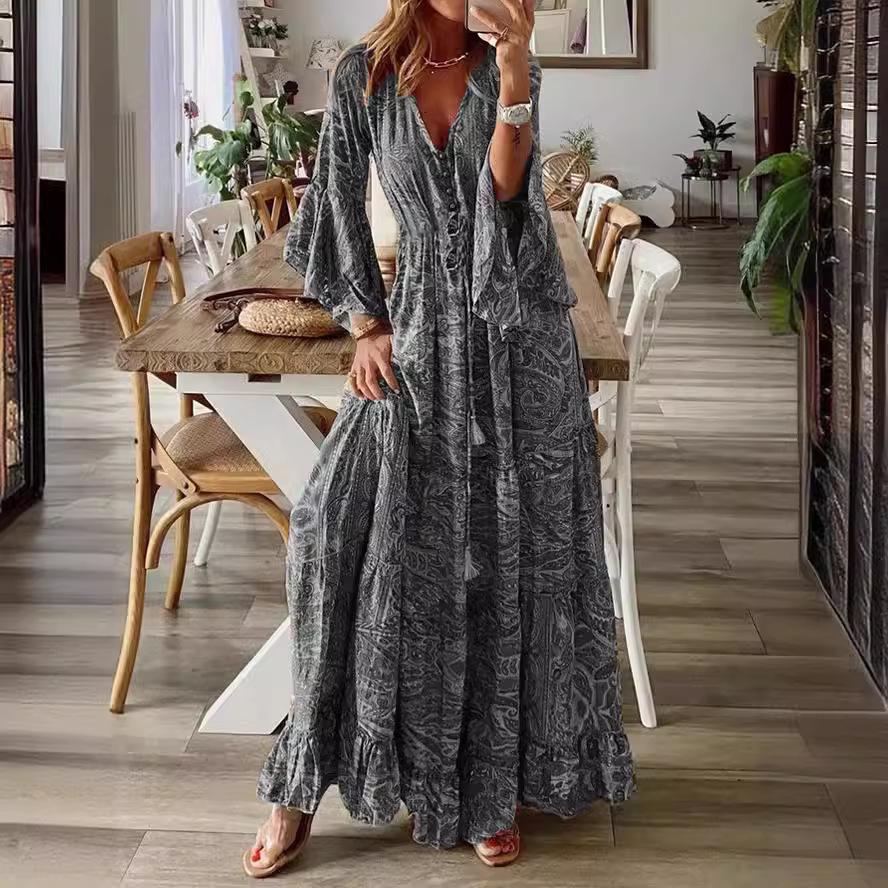 Bohemian Bell Sleeve V-neck Floral Vacation Maxi Dress