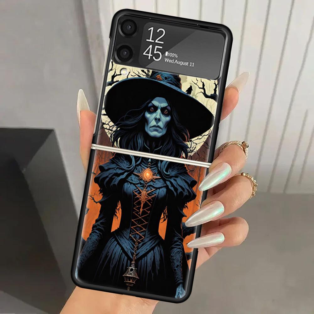 Halloween Moon Witch Horror Hard PC Phone Case For Samsung Galaxy Z Flip 7 6 5 4 3 Black ZFlip7 ZFlip6 Flip5 Flip4 Flip3 5G Prin