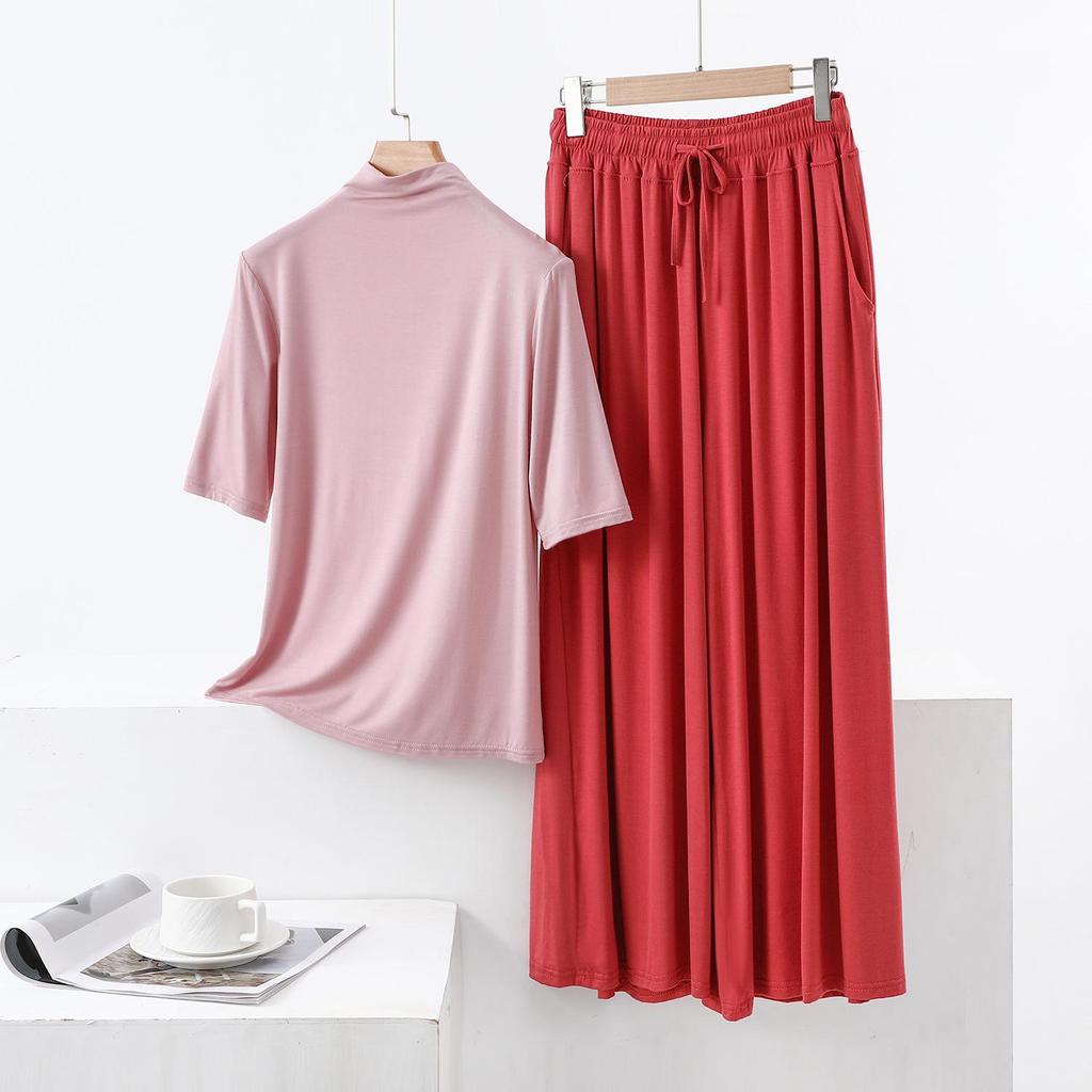 Modal Semi-High Neck Five-Sleeve Shirt & Pocket Wide-Leg Pants Casual Plus Size Two-Piece for Women