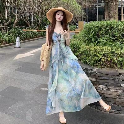 French Forest Floating Summer Temperament Vacation Suspender Dress Smudged Summer New Waist Skirt New Fashion