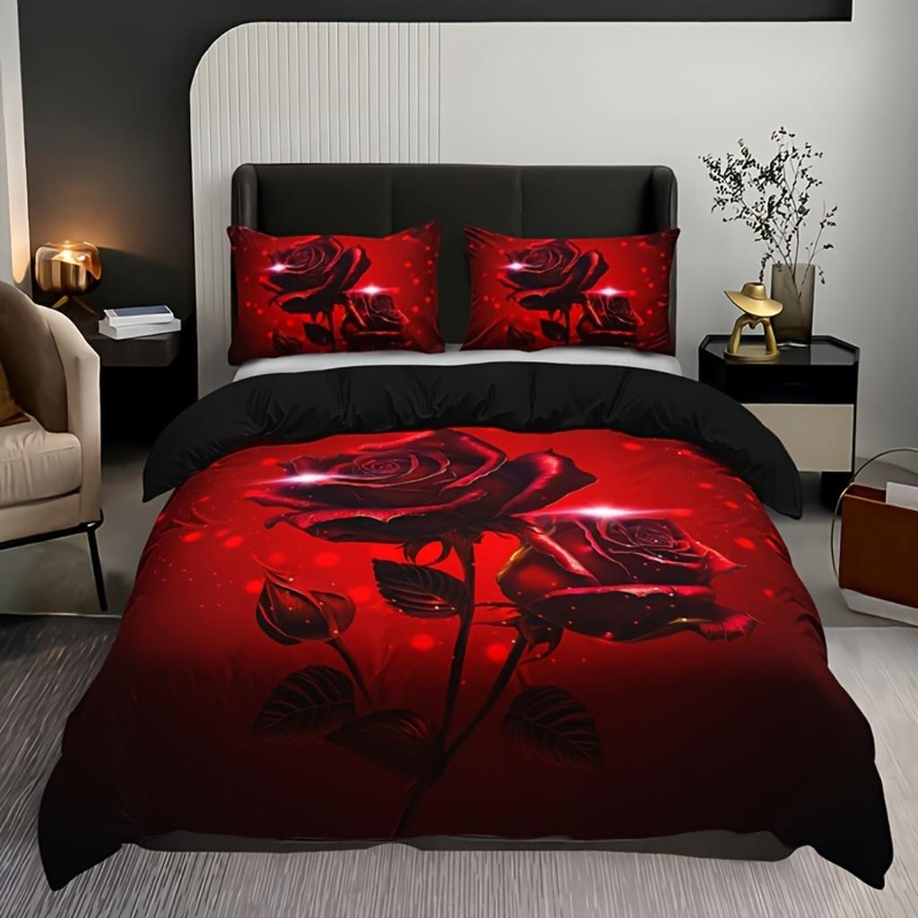 3pcs Red Rose Print Bedding Set Soft Comfortable Duvet Cover King Queen Twin Single Size Bithday Gift for Sister Room Decoration
