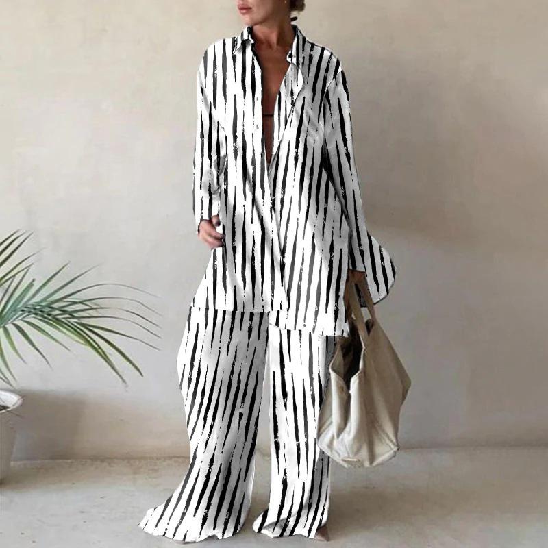 European & American Print Set: Loose Long Sleeve V-Neck Top with Straight Leg Pants - Casual Travel Vacation Jumpsuit