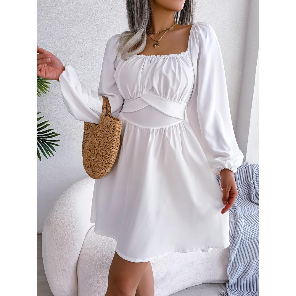 Rochii de damă casual de primăvară și vară, culoare uni, cu urechi din lemn pe lateral, decolteu pătrat, talie marcată, fustă amplă, modă casual