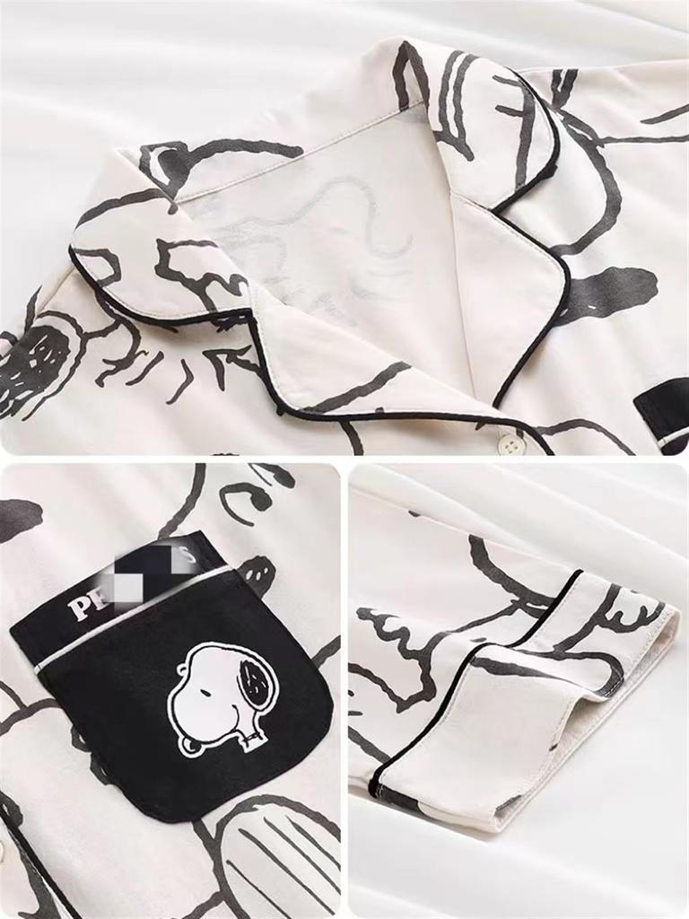 Snoopy Charlie Brown Pajamas Lounge Wear Top and Bottom Set Cotton Long Sleeve Open Front Loungewear Cute for Children Girls Adults Stylish Good