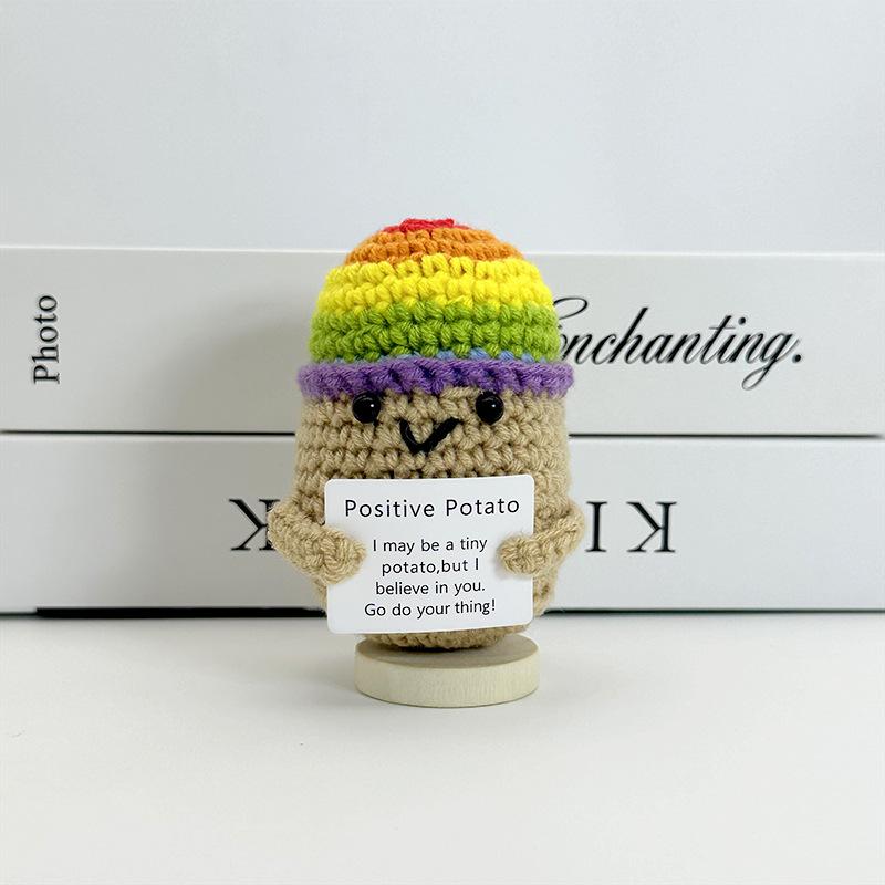 Funny Positive Crochet Cow Doll Desktop Ornament Handmade Cheer Emotional Support Positive Cow with Card Home Party Decoration