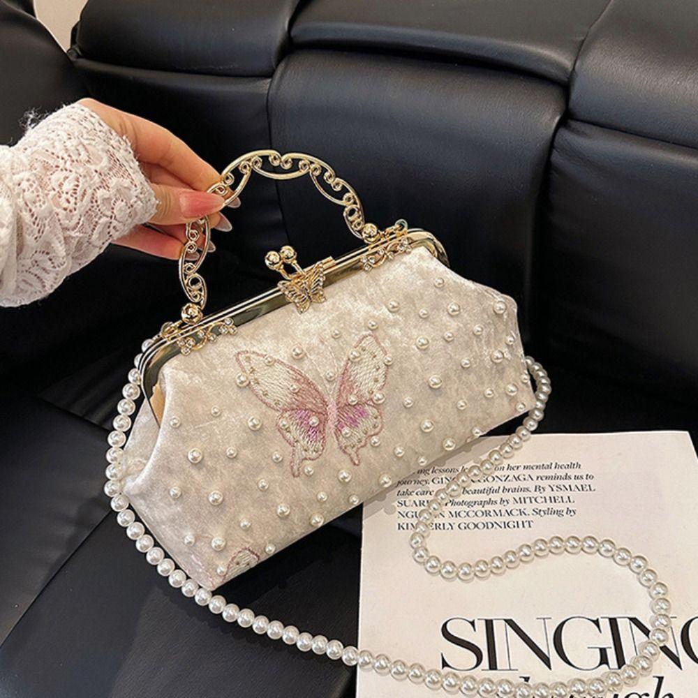 Pearl Embroidery Banquet Bag Butterfly Ladies Shell Bag Portable Hanfu Clutch Bag  Lady